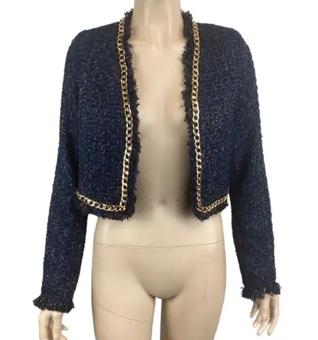 Christian LaCroix NWOT  Black & Blue Tweed Jacket Gold Chain Accent blazer XS