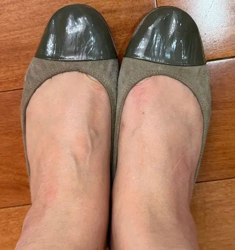 Lanvin Paris Cap Toe Ballet Flats Brown Gray Suede Black Patent Leather 37 Size 7.5