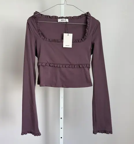 GUIZIO NY Fleur Ruffle Top Long Sleeve Square Neck Crop Top Cafe Color NWT Purple Size M
