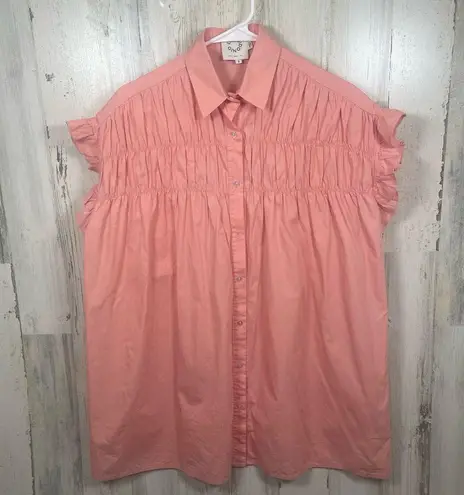 Lili Sidonio Anthropologie Smocked Button Front Mini Shirt Dress Pink Coral sz S