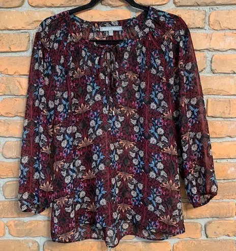 Daniel Rainn Anthropologie Floral Print Boho Sheer Long Sleeve Blouse Black - M - Image 1