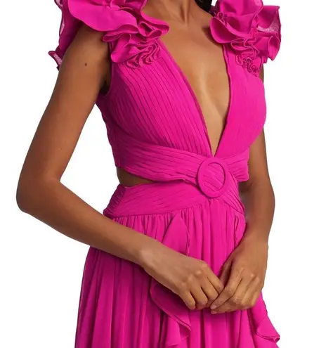 PATBO women size 0 flutter sleeve hot pink maxi long dress ruffles v neckline