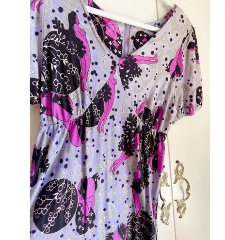 Vintage 70s Maxi Dress Sea Siren Print Purple Black Sexy Fit Side Slits Maxi Size 6