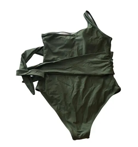 Womens One Piece Swimsuit One Shoulder Tie Waist Removable Cups Green L Size L