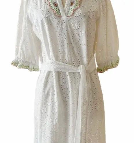 Roller Rabbit Luca Caftan Dress White Eyelet Embroidery Scalloped Floral Small