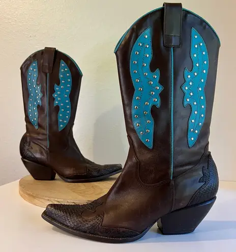BCBG Y2K Brown Genuine Leather Studded Western Turquoise Boots Size 8.5