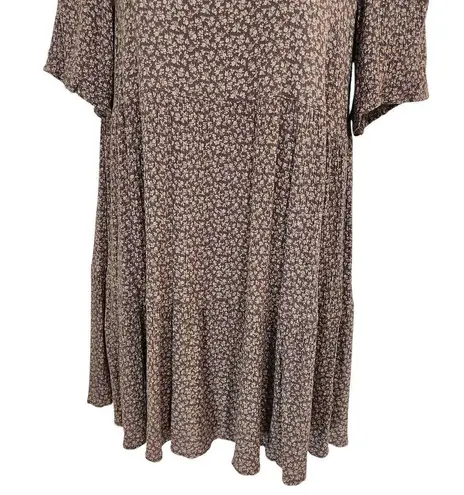 Be cool Short Sleeve Crinkle Floral Tiered Midi Shirt Dress Boho Brown Large