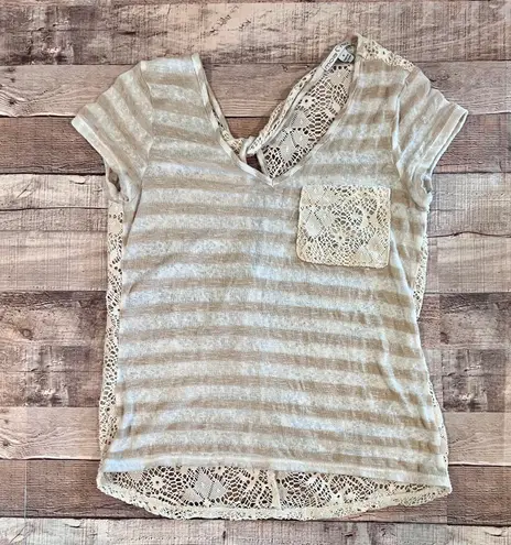 Moa Moa Cream Tan Stripe Feminine Lacy Twist Cap Sleeve Top sz Small