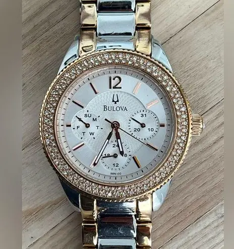 Bulova Ladies Watch Rose and Stainless Bracelet White Dial Day Date Dials