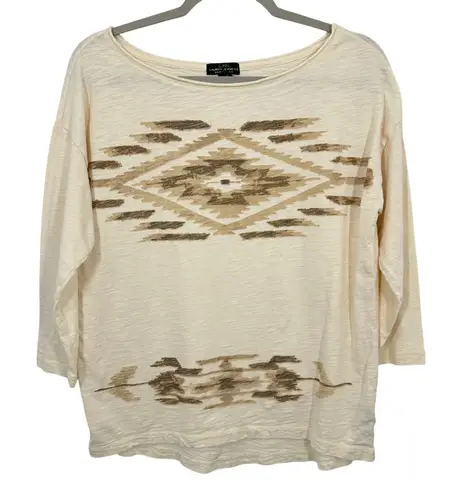 Lauren Jeans Co Ralph Lauren Cream Aztec Southwestern Print 3/4 Sleeve Top M Brown Size M