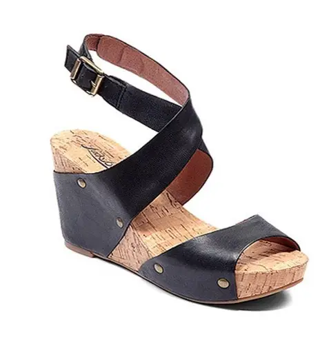 Lucky Brand Black Leather Strappy Wedge Cork Sandals