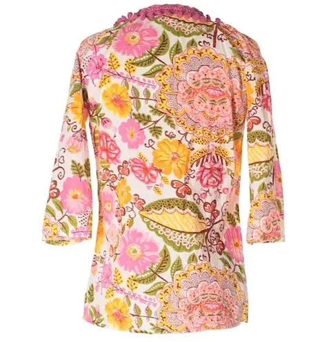 Monique Leshman š Floral Print Pom Pom Tunic Top š Fuchsia Pink Spring Yellow