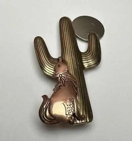 Moon Over Desert Cactus With Howling Coyote Metal Brooch Pin Tri Tone Rustic