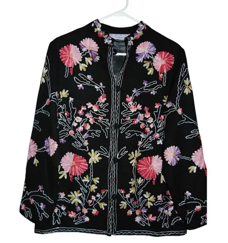 Black Wool Kimono Asian Jacket Blazer All Over Floral Embroidery Size 1X