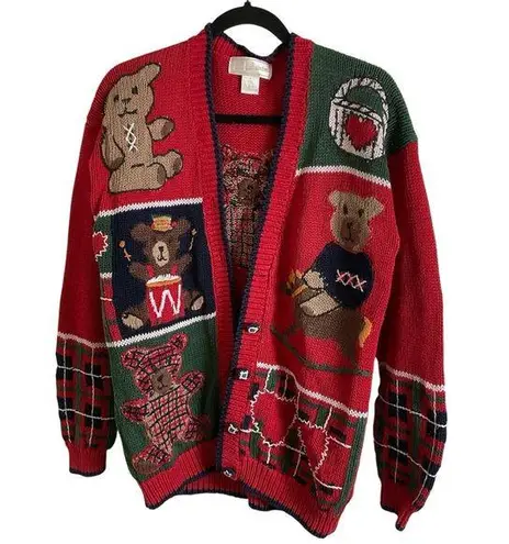 ID Distinction teddy bear and holiday motifs cardigan size small vintage 80’ Red