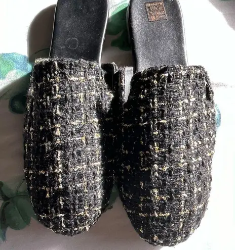 Black and Gold Textured Mules with Open Heel size 7.5/39 Sandals Elegant