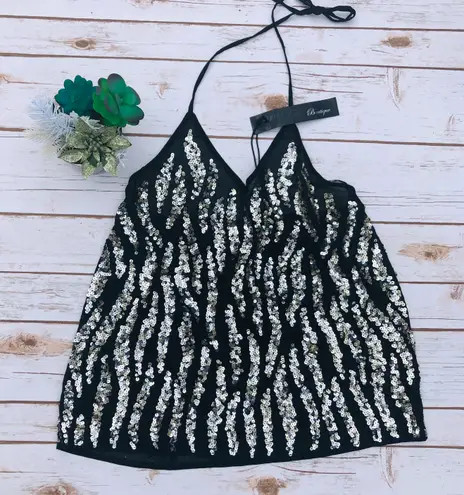 BKE Black Silver Sequin Disco Ball Halter Tank Top