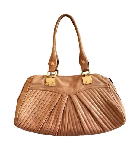 Treesje Women's Camel Leather Satchel Handbag with Gold Hardware Tan