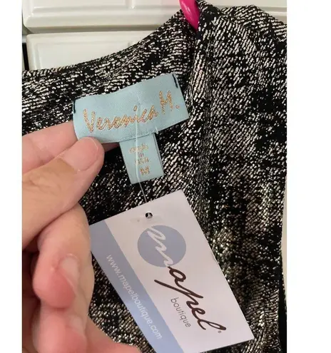 Veronica M Dress Cinderella Ruffle Ponte Black Metallic Gold Sleeveless New Sz M