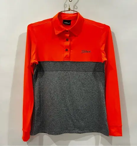 Titleist Bright Neon Orange/Gray Polo Shirt Size Medium Long Sleeve Athleisure