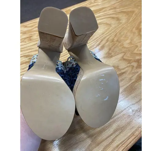 Salvatore Ferragamo SAJA Platform Sandal Womens 7.5 Blue Block Heel Slip-On S27