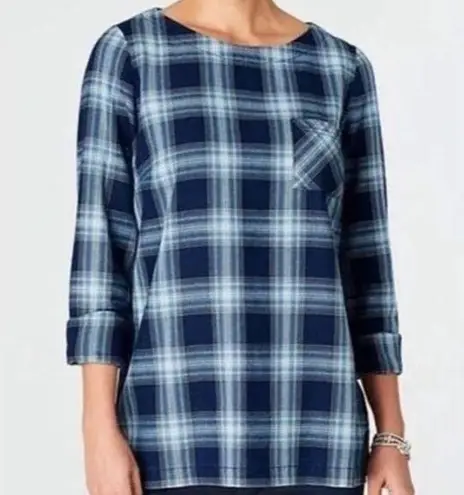 J.Jill  blue plaid pocket long sleeve top with button back