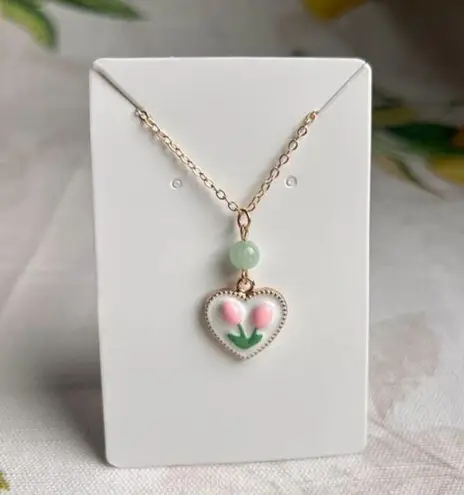 Cute Flower Necklace, Mint Pearl Pink Tulip, Heart Charm, Dainty, Coquette Fun Green