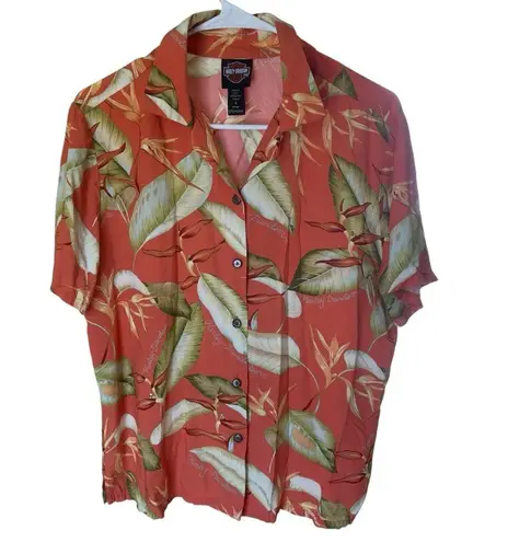 Harley Davidson Tori Richard Orange Hawaiian Tropical Resort Shirt Floral L Green Size L