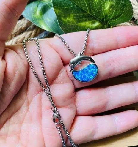 Sterling Silver Dolphin Blue Opal Pendant