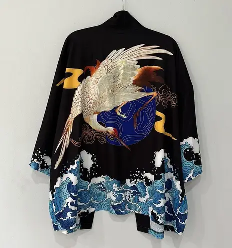 Men Wave & Crane Print Drop Shoulder Kimono Blue Size undefined