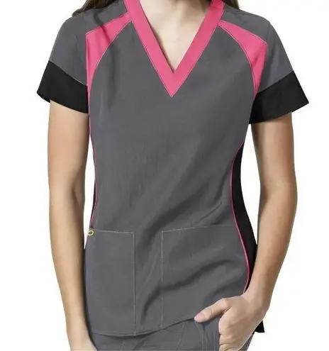 WonderWink Women Four-Stretch Color Pewter and pink With Sides Black V-Neck Top
