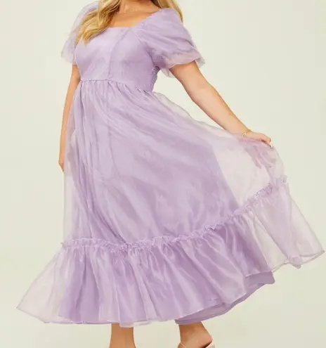 Arula Purple Smocked Shimmering Organza Tulle Short Puff Sleeve Maxi Dress.