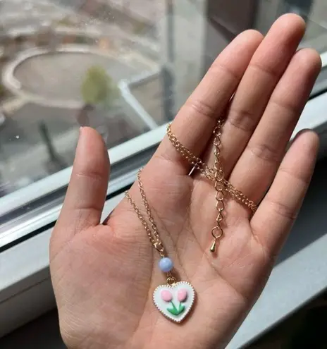 Cute Flower Jewelry Set, Pink Tulip, Heart Charm, Dainty, Coquette, Spring, Fun