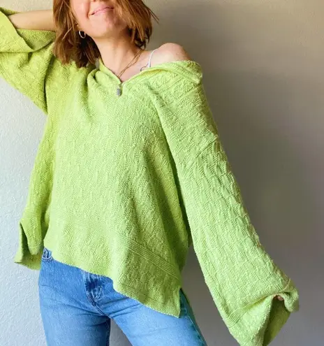 Coldwater Creek Funky  Lime Green Textured Flare Sleeve Quarter Zip Flowy Sweater