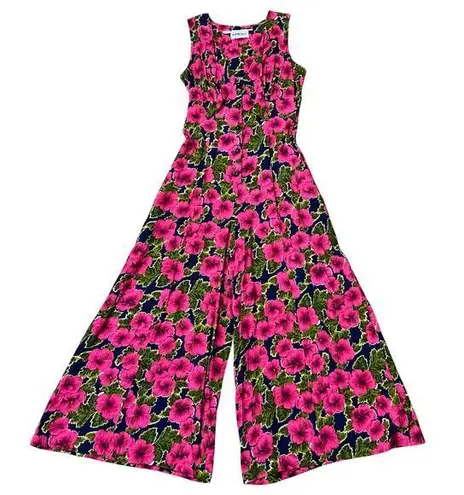 80s 90s Vintage Floral Wide Leg Jumpsuit Flowy Pink Blue Button Front Retro Boho