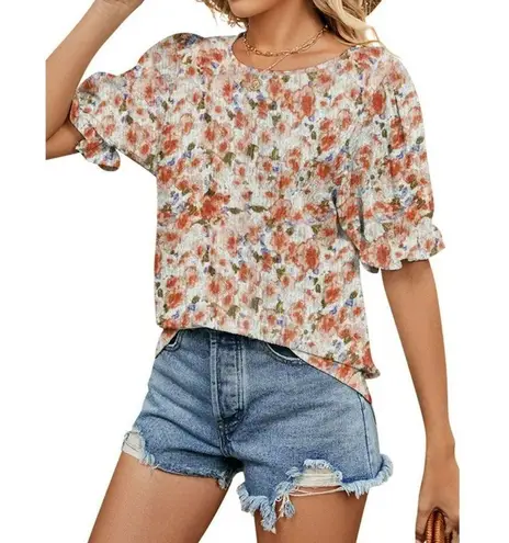 Floral Flounce Ruffle Short Sleeve Gauzy Orange Green Purple Top Size Small