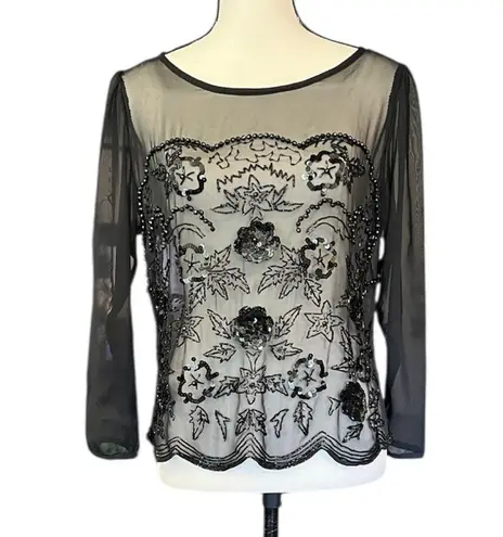 Vintage Sheer Mesh Beaded Sequin Floral Vamp Fairy Top Blouse Very Sue Wong