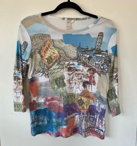 Christopher & Banks  Vintage Y2K Italy Euro Print 3/4 Sleeve Tee T-shirt Size S