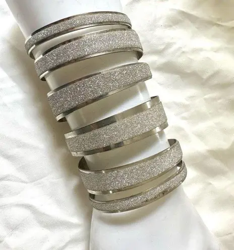 Silver tone glittery long wide arm bracelet