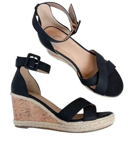 Journee Collection Telyn Espadrille Wedge Sandals Black Faux Leather Size 6.5