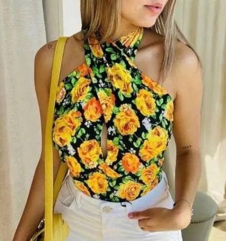 ZARA  Floral Sleeveless Halter Bodysuit Top Black & Yellow S