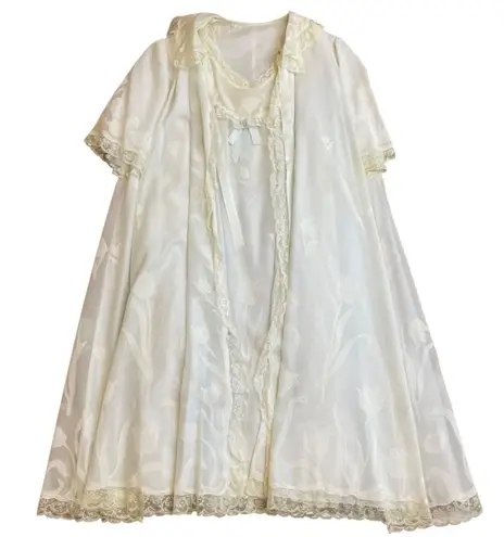 Odette Barsa Vintage White Floral Lace Trim Robe & Nightgown Set Lingerie