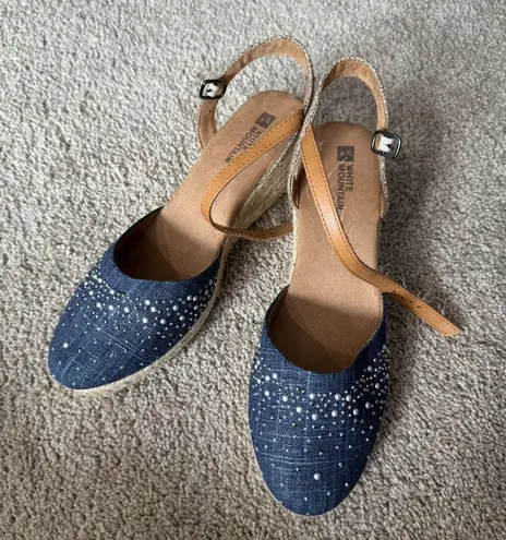 White Mountain Blue Beaded Faux Pearl Espadrille Wedges Women's Size 8.5 Sandals