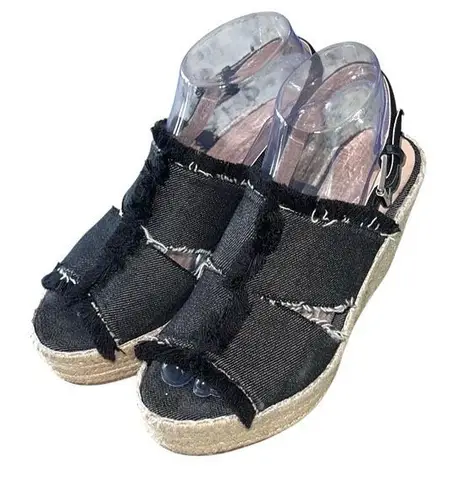barney's new york Womens Fringe Denim Wedge Espadrille Sandals Black Size 37