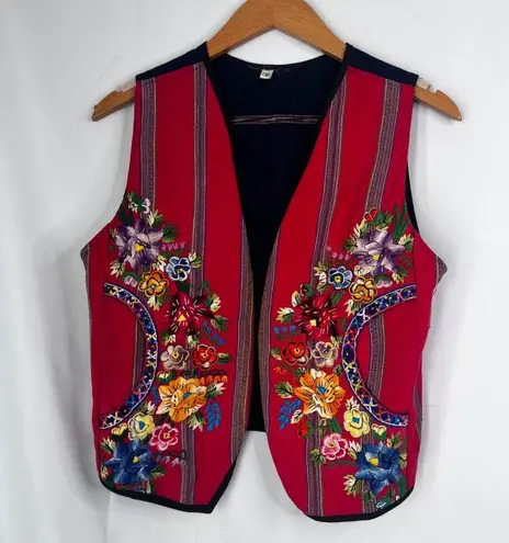 Embroidered Red Navy Vintage Cotton Hippie Western Rodeo Guatamalan Vest Small