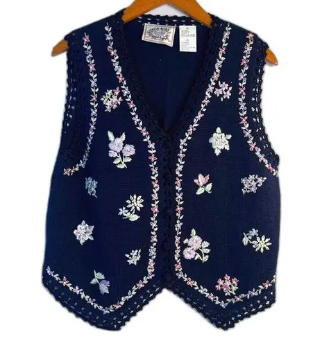 Erika Petites Navy Crochet Knit Sleeveless Sweater Vest Embroidered Floral PL