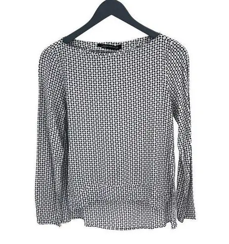 ZARA  Womens Geometric Hi Low Boat Neck Long Sleeve Blouse Black White Medium