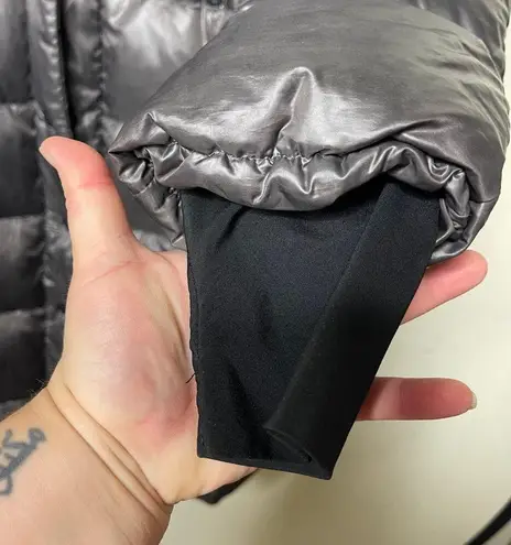 SAM. Women metallic silver millennium knee length puffer down coat fox fur sz S