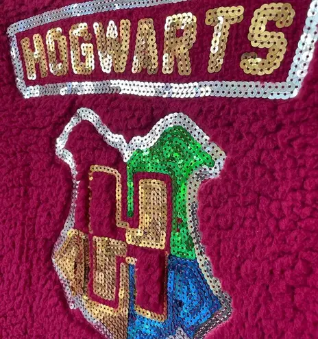 Harry Potter Hogwarts Pink Fuzzy Sherpa Sweatshirt ~ Sequins ~ Juniors Size L