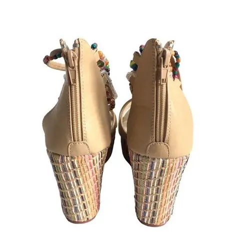 🆕Getmorebeauty Tan Ankle Beaded Strap Detailing Platform Wedge Sandals Size 9